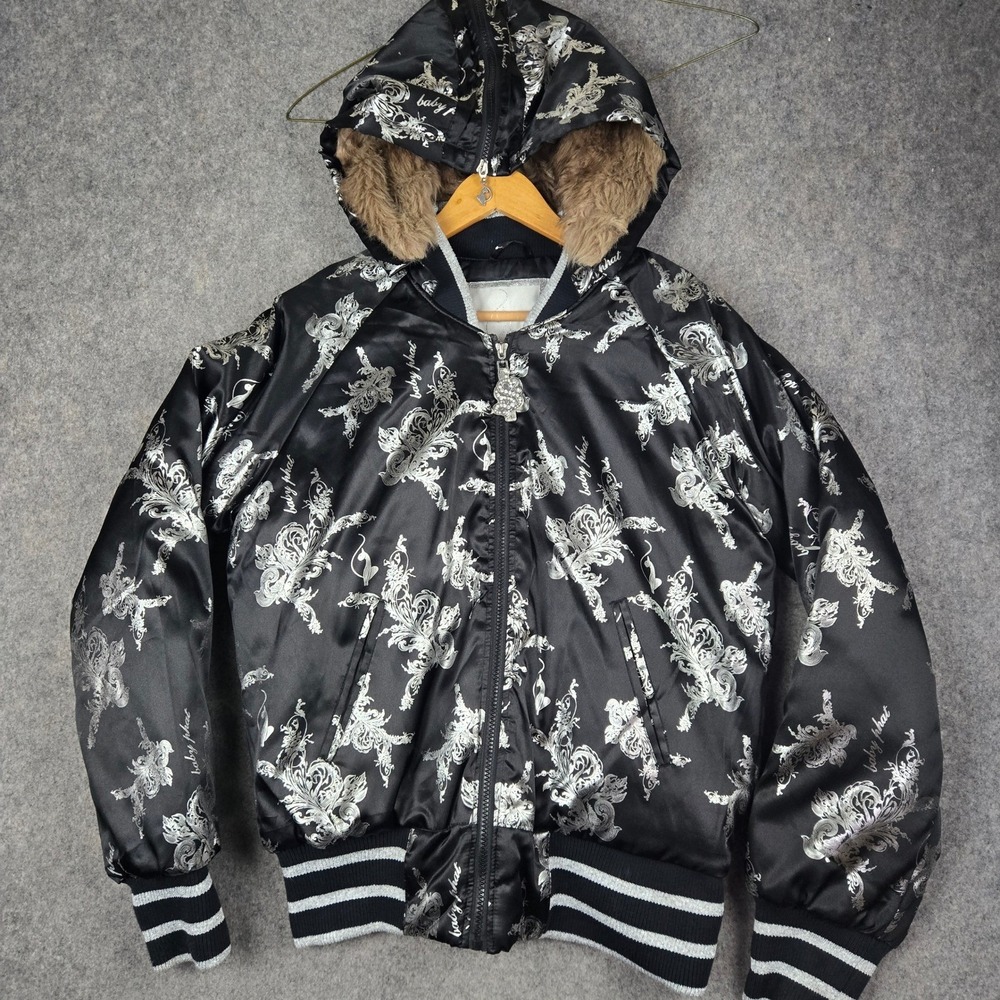 Vintage Baby Phat Bomber Jacket Womens 2XL Black Satin Faux Fur Hood Y2K McBling